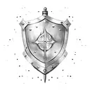medieval heater shield with a swirly design on it and a sword behind it tattoo design idea