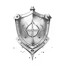 medieval heater shield with a swirly design on it and a sword behind it tattoo design idea