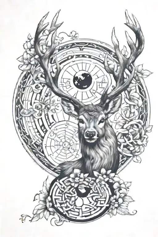 A design centered on the word Enough and Deer and Yin Yang tattoo design idea