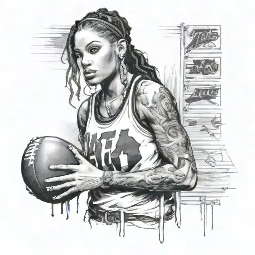 90s rnb girl posing in NFL jersey, bandana tied around head, pretty face  tattoo design idea