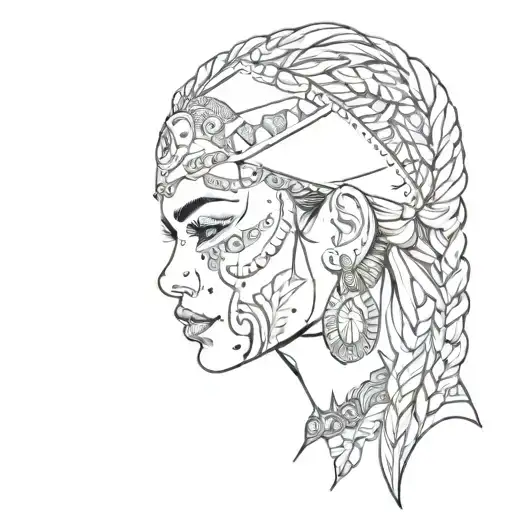 beautiful Latin Aztec gangster girl with braided hair. Paisley bandana around face  tattoo design idea
