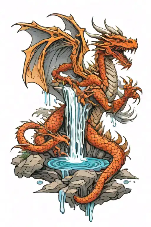 dragon, waterfall and female tribal warrior tattoo design idea