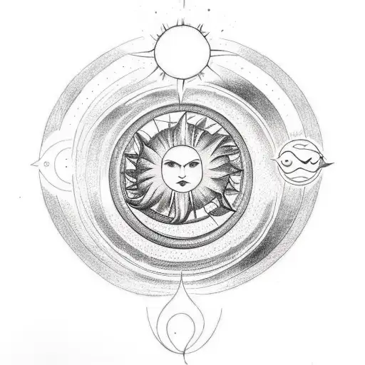 A minimalist tattoo of an Unalome symbol with a sun and moon incorporated into the design tattoo design idea