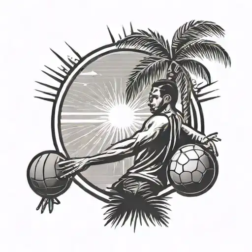 A handball player serving the ball with a palm tree and sun in the background tattoo design idea