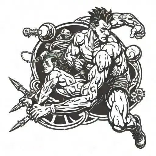 A tattoo design featuring a dynamic athlete in action, symbolizing hard work and dedication, surrounded by a group of friends representing friendship and brotherhood tattoo design idea