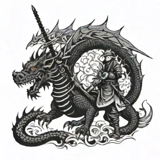 A legendary samurai facing off against a dragon in a mystical forest tattoo design idea