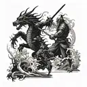 A legendary samurai facing off against a dragon in a mystical forest tattoo design idea
