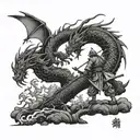 A legendary samurai facing off against a dragon in a mystical forest tattoo design idea