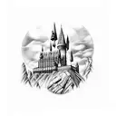 Harry Potter tattoo having felix felicis, the hogwarts castle in background and other small Harry Potter details tattoo design idea