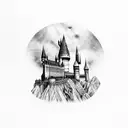 Harry Potter tattoo having felix felicis, the hogwarts castle in background and other small Harry Potter details tattoo design idea