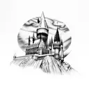 Harry Potter tattoo having felix felicis, the hogwarts castle in background and other small Harry Potter details tattoo design idea