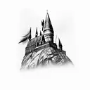 Harry Potter tattoo having felix felicis, the hogwarts castle in background and other small Harry Potter details tattoo design idea