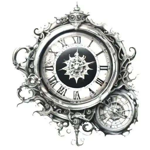 A black hole swallowing a clock, symbolizing the concept of time travel and the mysteries of the universe tattoo design idea