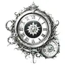 A black hole swallowing a clock, symbolizing the concept of time travel and the mysteries of the universe tattoo design idea