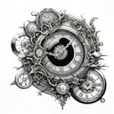 A black hole swallowing a clock, symbolizing the concept of time travel and the mysteries of the universe tattoo design idea