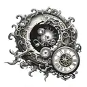 A black hole swallowing a clock, symbolizing the concept of time travel and the mysteries of the universe tattoo design idea