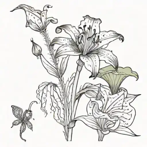 Orange tiger lily flower, lotus flower and Venus fly trap tattoo design idea