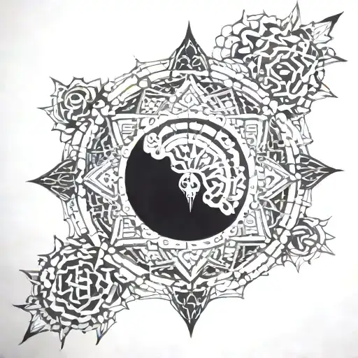 A detailed mandala incorporating symbols of death and spirituality tattoo design idea