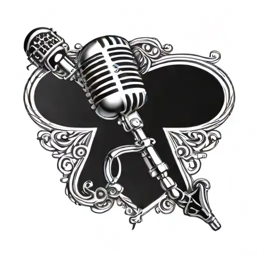 A stylized microphone intertwined with a music note staff, incorporating elements of catholic symbolism like a cross or halo tattoo design idea