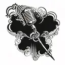 A stylized microphone intertwined with a music note staff, incorporating elements of catholic symbolism like a cross or halo tattoo design idea