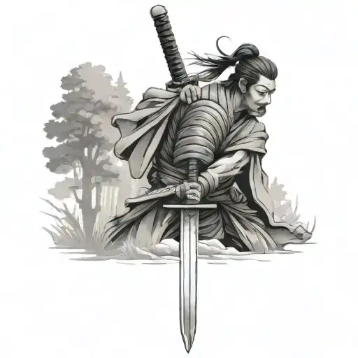 Samurai with a sword behind the forest tattoo design idea