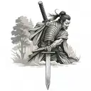 Samurai with a sword behind the forest tattoo design idea