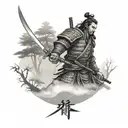 Samurai with a sword behind the forest tattoo design idea