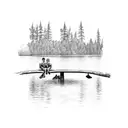 rope swing bench sitting slightly elevated above the water of a lake and a dad and son sitting on it  tattoo design idea