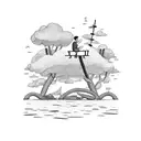 rope swing bench sitting slightly elevated above the water of a lake and a dad and son sitting on it  tattoo design idea