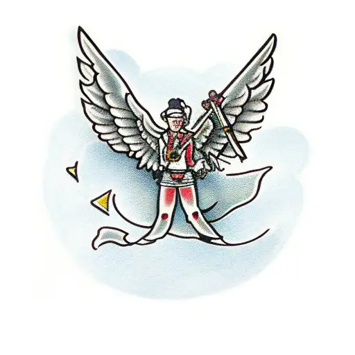 flying angel with guns and ski mask tattoo design idea