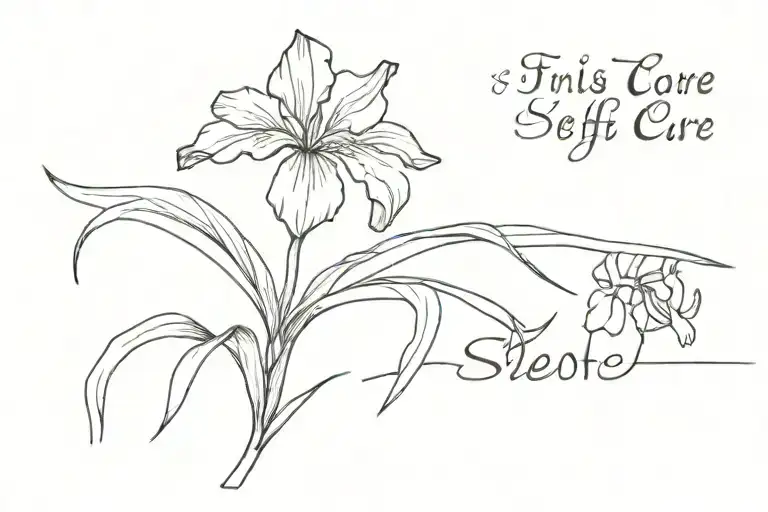A wrap-around Iris flower on my forearm that has a hidden semicolon and says “choose self-care, not self-destruction” tattoo design idea
