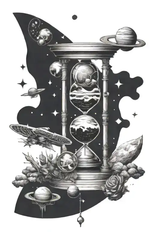 solar system and outer space around an hourglass within a mechanical clock  tattoo design idea