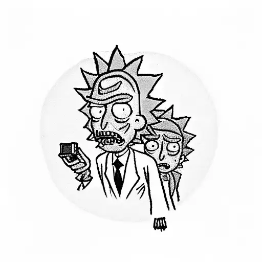 A surreal scene featuring Rick and Morty playing video games with Stitch from Disney tattoo design idea