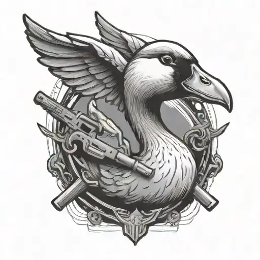 goose holding different weapons in mouth tattoo design idea