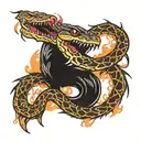 Snake striking upward with fangs dripping venom at a Phoenix flying downwards with talons extended coated in fire  tattoo design idea