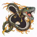 Snake striking upward with fangs dripping venom at a Phoenix flying downwards with talons extended coated in fire  tattoo design idea