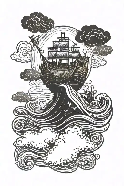 Noah's ark riding on waves with a silhouette of Jesus in the clouds tattoo design idea