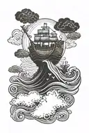 Noah's ark riding on waves with a silhouette of Jesus in the clouds tattoo design idea