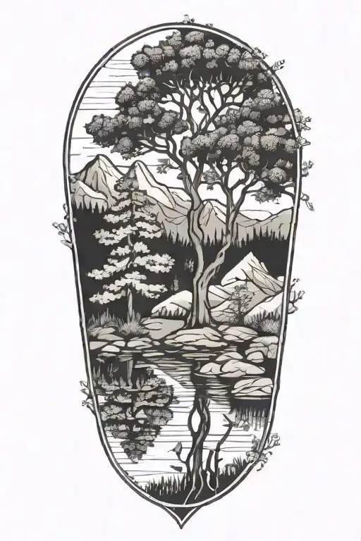mountain tree lake reflection forget me nots  tattoo design idea