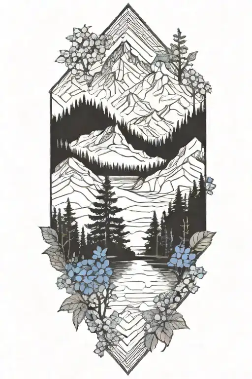 mountains trees lake forget me nots geometric less flowers tattoo design idea