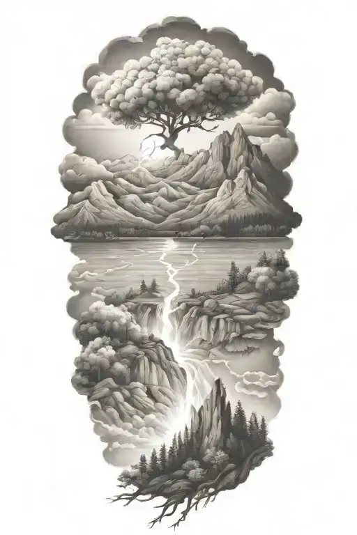 mountains trees lakes forget me nots storm lightning tattoo design idea