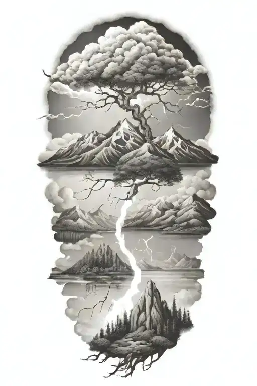 mountains trees lakes forget me nots storm lightning tattoo design idea