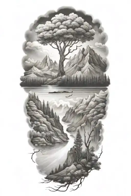 mountains trees lakes forget me nots storm lightning tattoo design idea