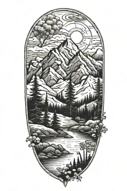 mountains trees lake forget me nots tattoo design idea