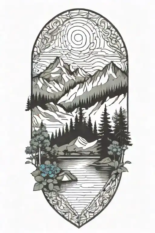mountains trees lake forget me nots geometric  tattoo design idea
