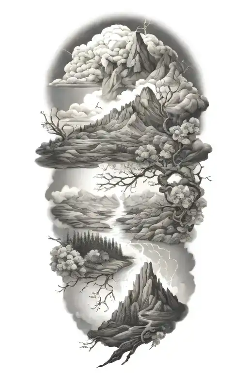 mountains trees lakes forget me nots storm lightning tattoo design idea