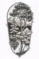 mountain tree lake reflection forget me nots  tattoo design idea
