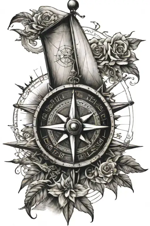 sailor ship and compass rose tattoo design idea