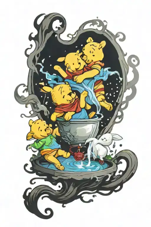 winnie the pooh and alice falling down the rabbit hole tattoo design idea