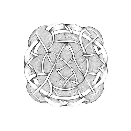 A minimalist geometric representation of a Celtic knot intertwined with a triskelion shape, incorporating elements of the Scottish Highlands and mountains. tattoo design idea